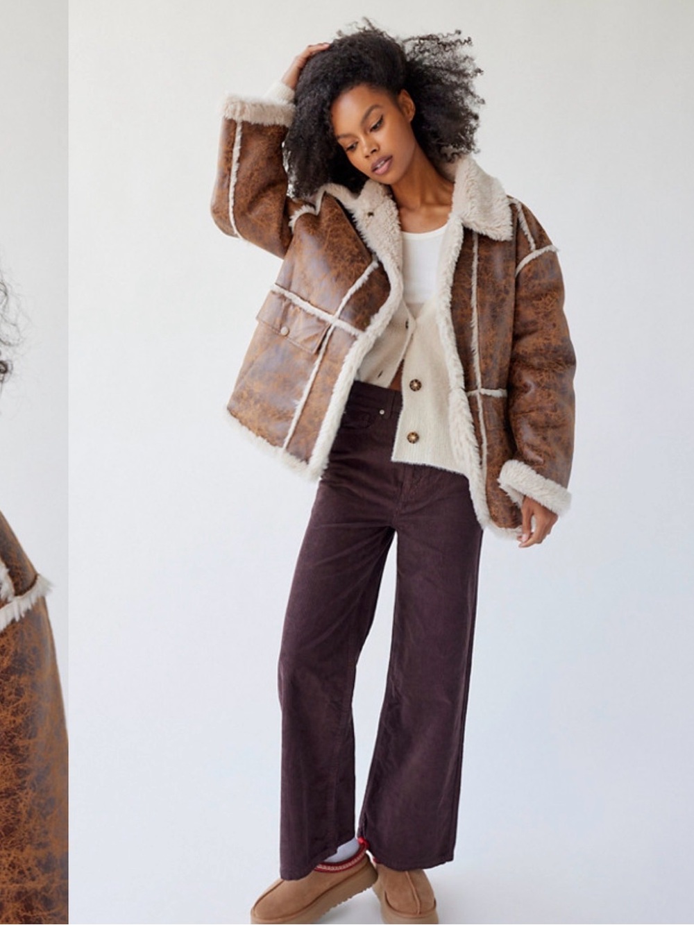 Urban Outfitters Brown Faux Shearling Jacket with Cream Trim